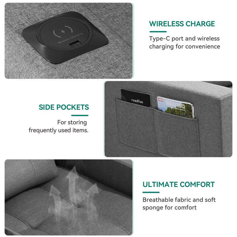 75" 3-in-1 Convertible Single Sofa Bed with Wireless and Type-C Charging - Image 3