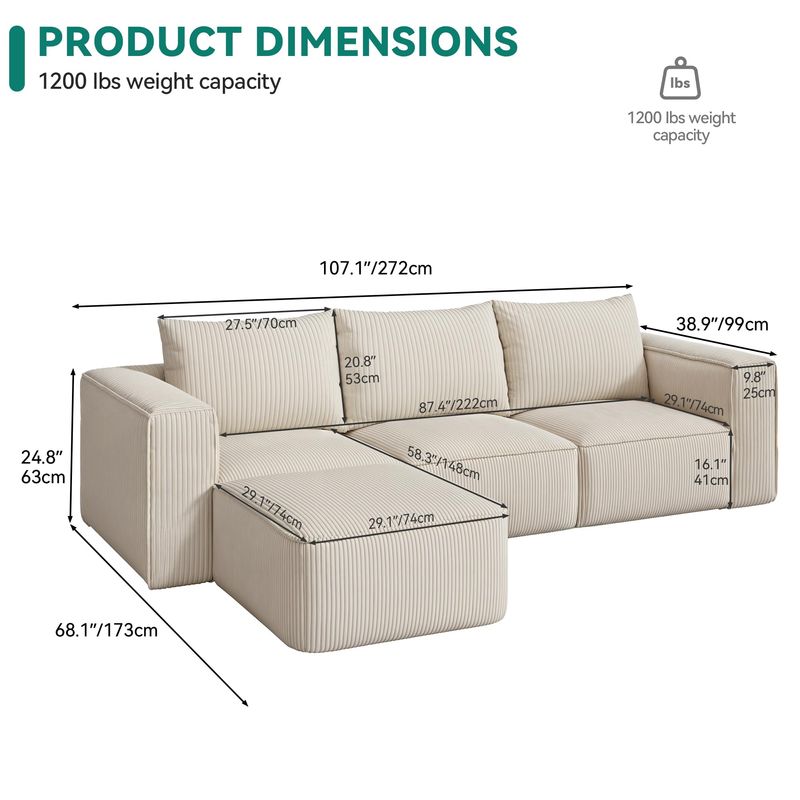 4 Pcs Corduroy Modular Sectional Sofa Bed with 3 Pillows - Image 2