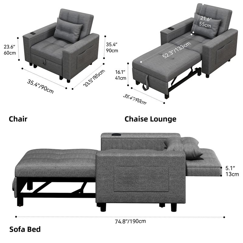 75" 3-in-1 Convertible Single Sofa Bed with Wireless and Type-C Charging - Image 7