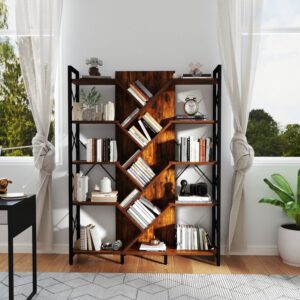 5-Tier Tree Bookshelf with Side Open Storage and X-Braces