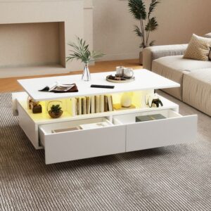 35.4" Modern High Glossy Rectangular Coffee Table with LED Light and Drawers