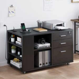 3-Drawer Lateral Mobile Wood Filing Cabinet with 3 Open Side Shelves