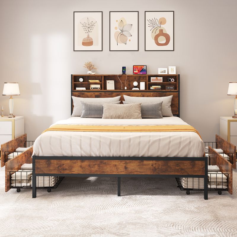 Mid-Century Queen Size Bed with 4 Underbed Drawers