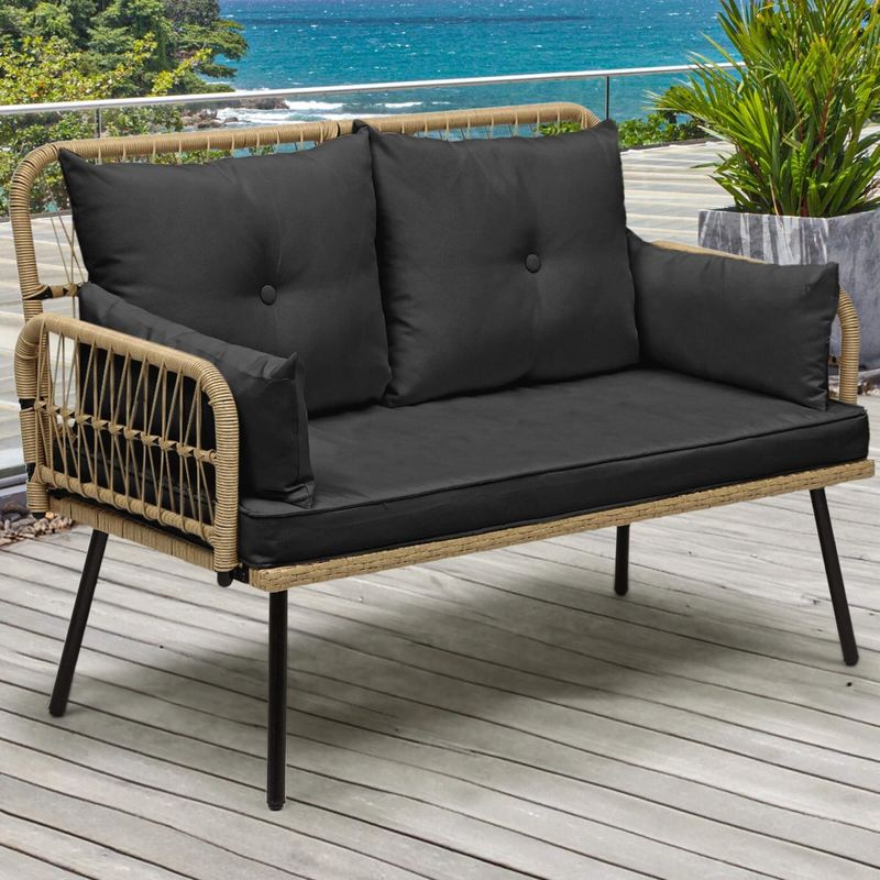 2-Person Wicker Black Outdoor Loveseat with Cushions